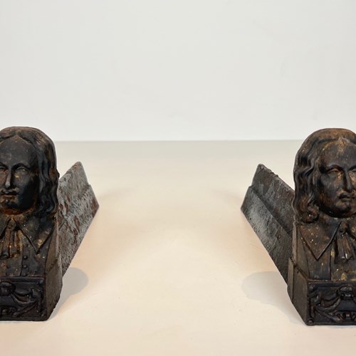 Pair Of Cast Iron Andirons - Firedogs Representing Beethoven. French Work