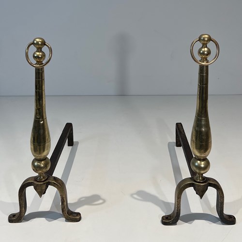 Pair Of Neoclassical Style Brass And Iron Andirons- Firedogs. 