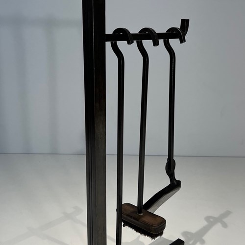 Rare Modernist Steel And Brass Fireplace Tools- Fire Tools On Stand.