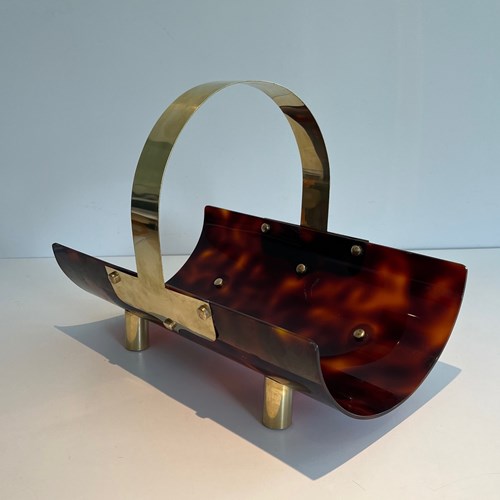 Log Holder-Log Basket Made Of Brass And Lucite Imitating Tortoise 