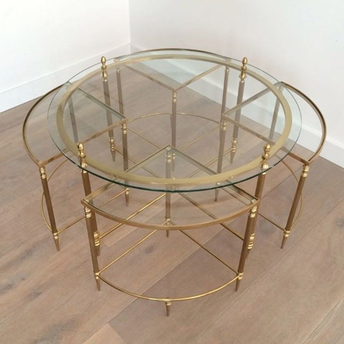 Neoclassical Round Brass Coffee Table With 4 Nesting Tables.
