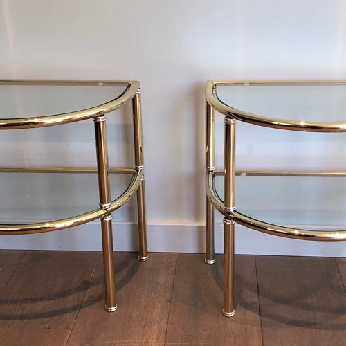 Pair Of Rounded Brass And Silvered Side Tables. French Work. 