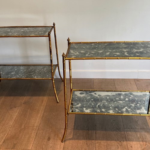 Pair Of Faux-Bamboo Side Tables Made Of Gilt Metal 