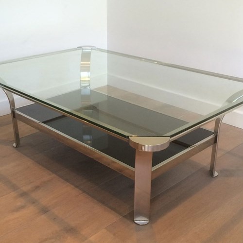 Large Design Chrome Coffee Table With Clear Glass Shelf
