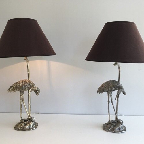 Pair Of Silvered Herons Table Lamps. French Work By Maison Bagués.