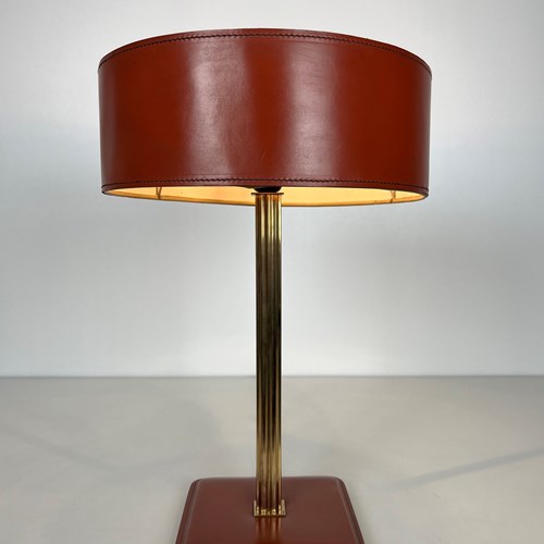 Red Leather And Brass Desk Lamp. French Work 