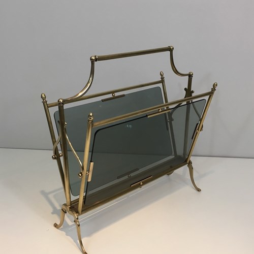 Neoclassical Style Brass And Blueish Glass Magazine Rack