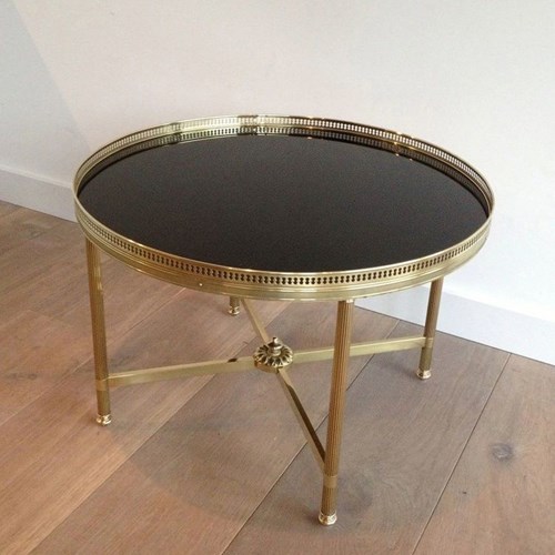 Round Brass Coffee Table With Black Lacquered Glass Top