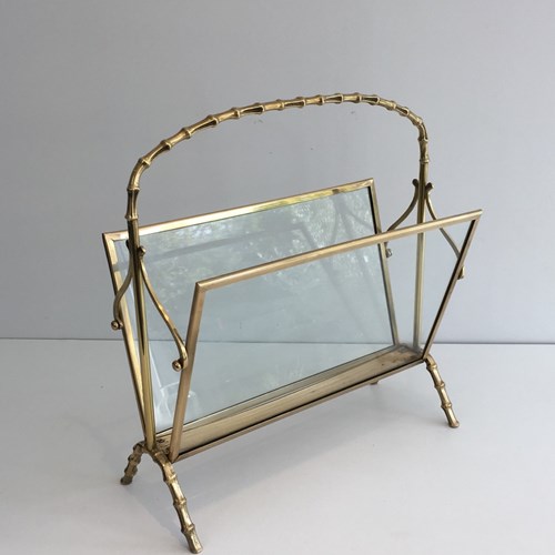 Brass Faux-Bamboo Magazine Rack With Clear Glass Panels 