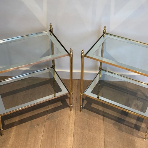 Pair Of Neoclassical Style Brass Side Tables With Fluted Legs And Glass