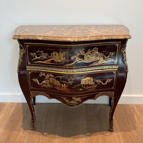 Small Lacquered Commode With Chinese Scenes And Bronze Handles