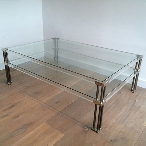 Large Modernist Chrome And Lucite Coffee Table. French. Circa 1970