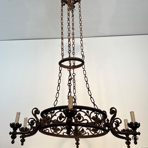 Important Wrought Iron Castle Chandelier With 6 Arms. 