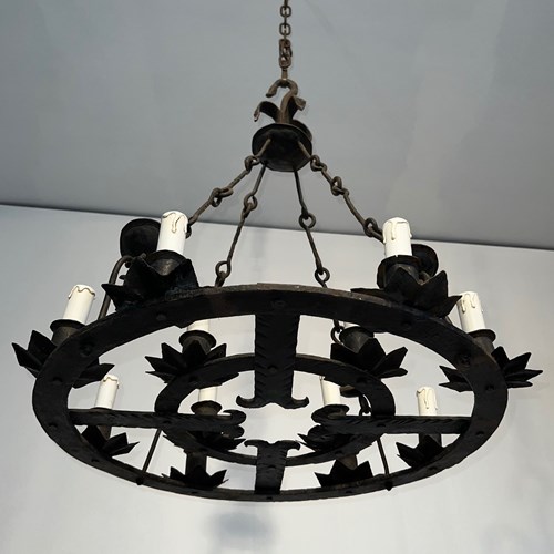 Wrought Iron Chandelier With 12 Lights. French Work 