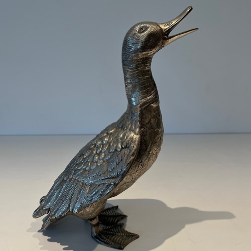 Tall Silvered Bronze Duck Finely Chiseled. French Work. Circa 1970 