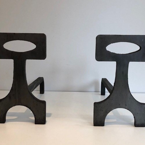 Pair Of Modernist Steel And Wrought Iron Andirons. French.