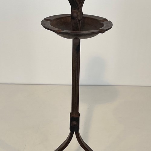 Steel And Leather Ashtray On Stand. French Work By Jacques Adnet