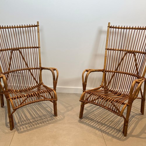 Pair Of Tall Design Rattan Armchairs. French Work. Circa 1950