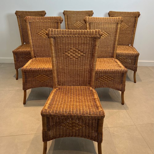 Set Of Six Rattan And Wood Dinning Chairs. French Work. Circa 1970