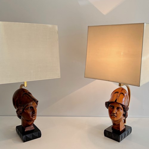 Pair Of Walnut Table Lamps Representing The Faces Of Helmeted 