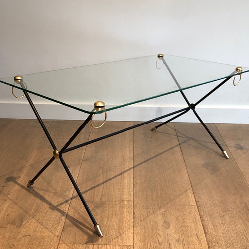 Vintage Lacquered Metal, Brass And Glass Coffee Table