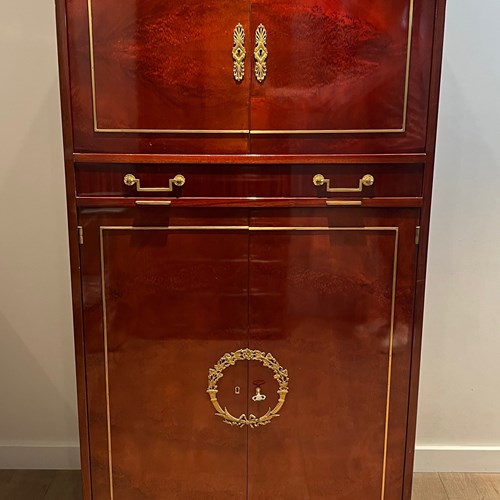 Empire Style Secretary Desk In Flamed Mahogany And Bronze Locks.