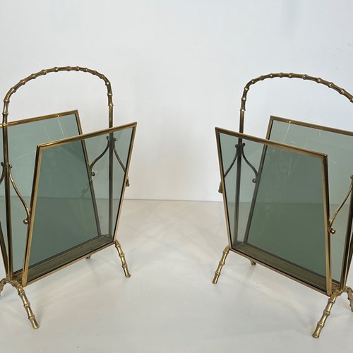 Pair Of Faux-Bamboo Bronze Magazine Racks With Blueish Glass