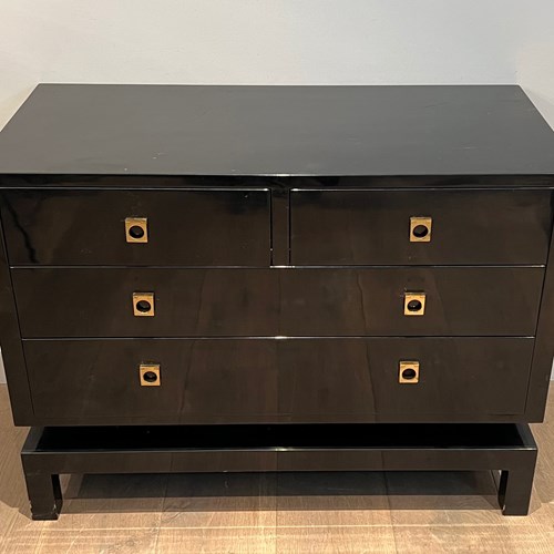 Black Lacquered Chest Of Drawers With Bronze Handles. 