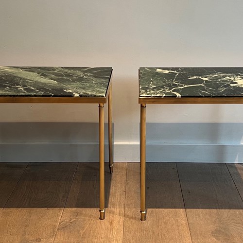 Pair Of Brass Side Tables With Fluted Legs And Green Marble Tops.