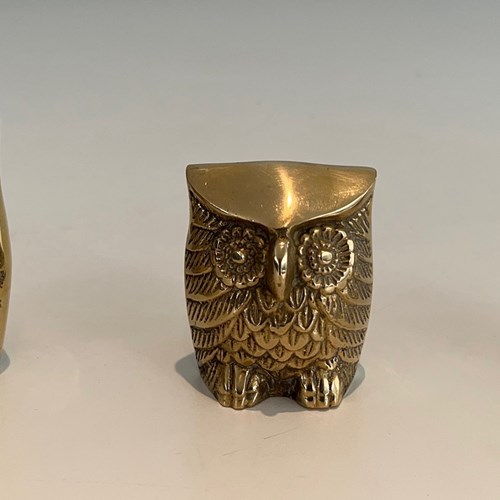 Set Of 3 Small Decorative Brass Owls. French Work. Circa 1970