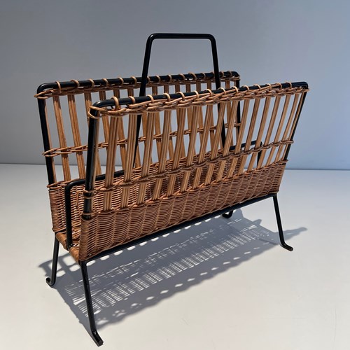 Pair Of Rattan And Black Lacquered Magazine Rack