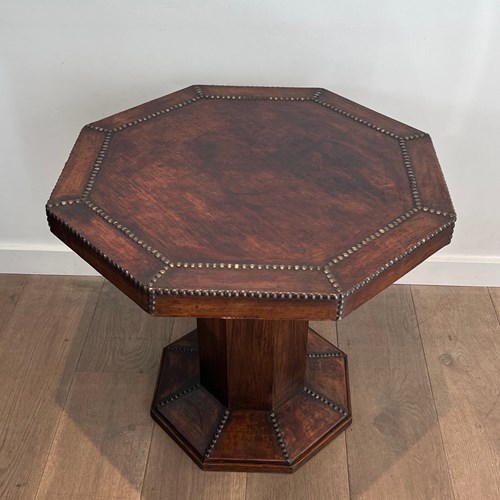 Octagonal Pedestal Table Made Of Oak And Leather