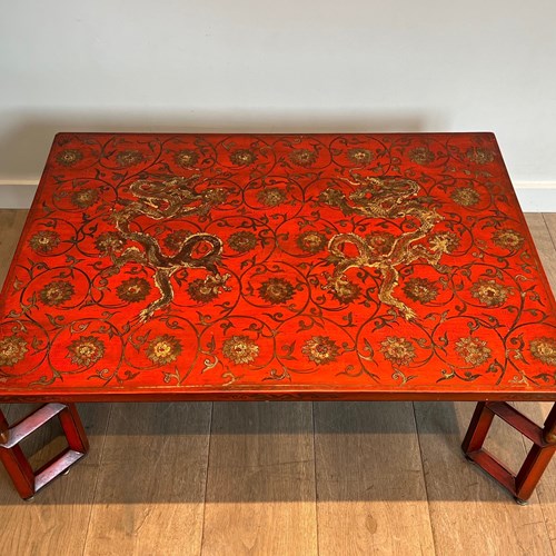 Large Red Lacquered Coffee Table 