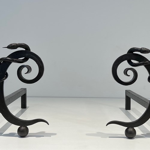 Pair Of Wrought Iron Andirons, "Snakes" Model. French Work 