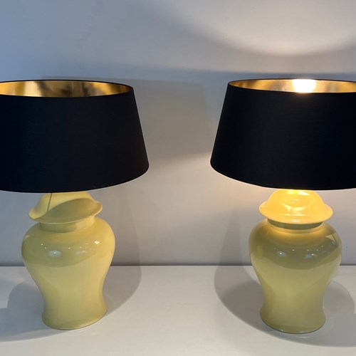 Pair Of Yellow Ceramic Table Lamps. French Work. Circa 1970