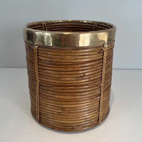 Rattan And Brass Wastebasket In The Style Of Gabriela Crespi. 