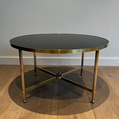 Round Brass Coffee Table With Black Lacquered Glass Top. 