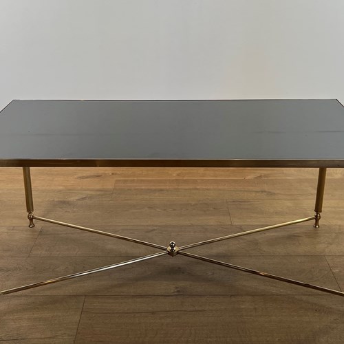 Rectangular Brass Coffee Table With Black Lacquered Glass Top. 