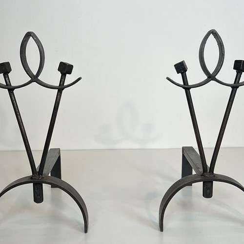 Pair Of Modernist Wrought Iron Andirons. French Work. Circa 1940