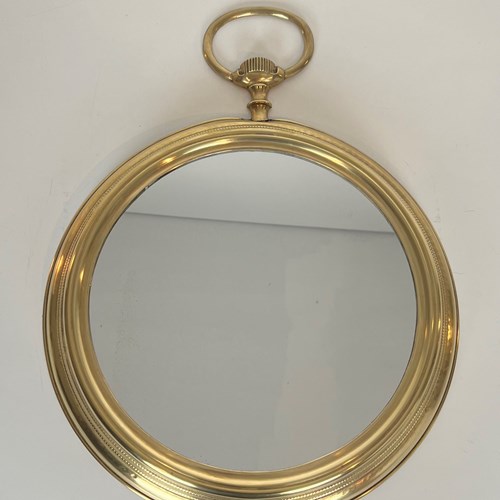 Large Brass Mirror Showing A Pocket Watch. French Work.