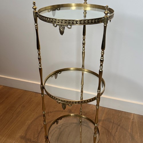 Round Brass Gueridon With Three Glass Shelves. French Work 