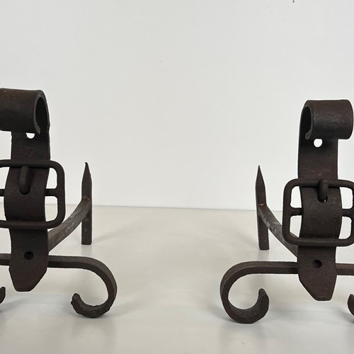 Pair Of Cast Iron And Wrought Iron Andirons Representing A Belt