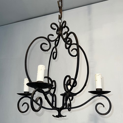 4 Lights Wrought Iron Chandelier. French Work. Circa 1950