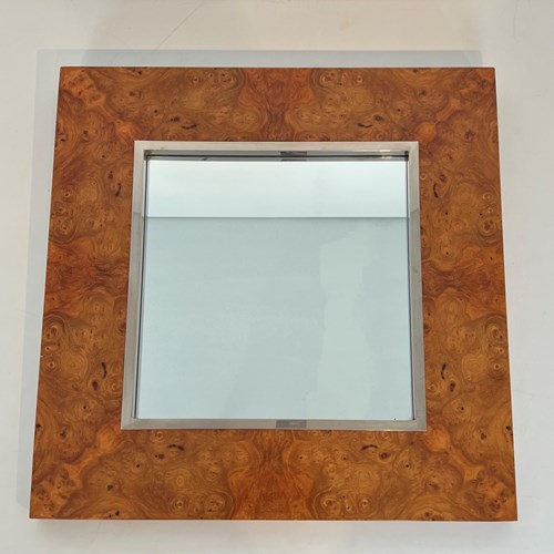 Elm Burl Veneer And Chrome Square Mirror. Italian Work