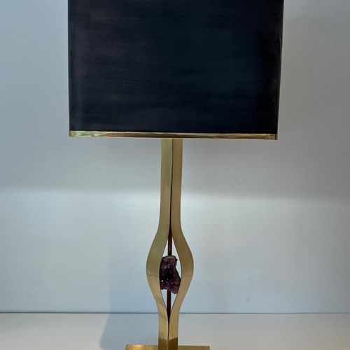 Important Sculptural Brass Lamp Made From An Amethyst. 