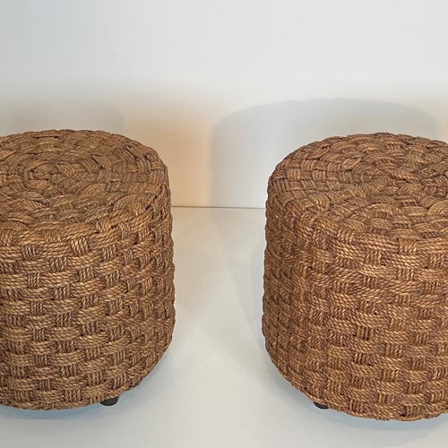 Pair Of Rope Stools With Wooden Round Feet In The Style Of Audoux Minet