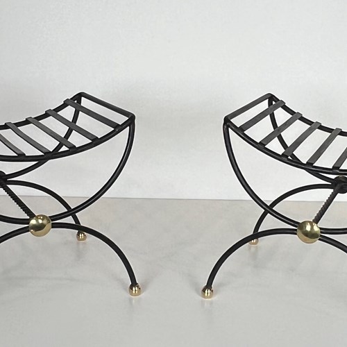 Pair Of Design Wrought Iron And Brass Curule Stools. French Work.