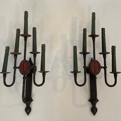 Large Pair Of Wrought Iron Wall Lights With 5 Arms