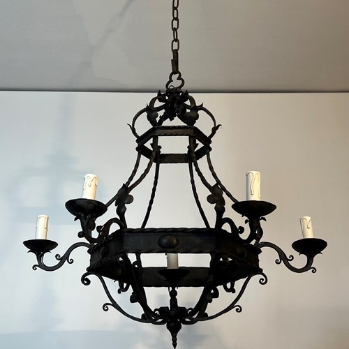 Wrought Iron Cage Chandelier With 7 Lights. French Work 