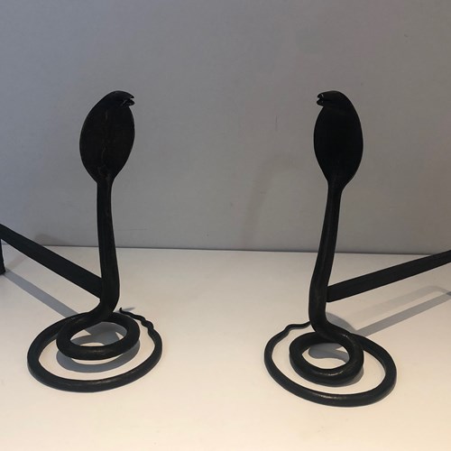 Pair Of Battered Wrought Iron Andirons With Cobras. In The Style Of  Edgar Brand